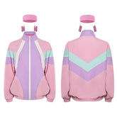 3Pcs/Set Retro 80S Casual Jackets Lightweight Pink Purple Colorblocked Bomber Windbreaker Halloween Cosplay Costume Disguise For Adult Men Women
